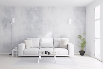 interior background lifestyle white floor loft lounge grey couch decoration. Generative AI.