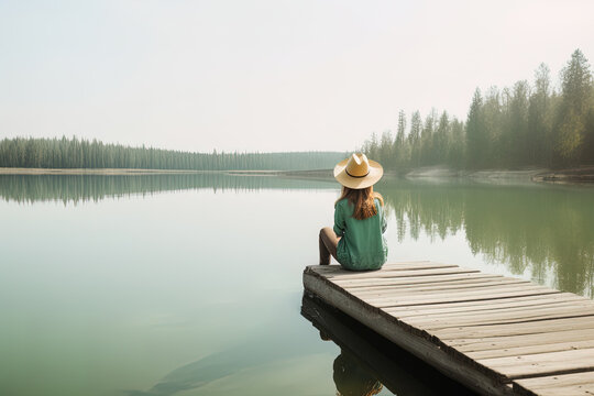 mature woman wearing a hat sitting on the edge of the wooden jetty at a calm lake