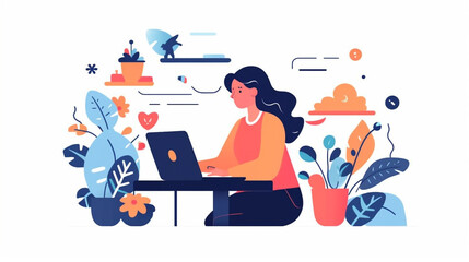 Girl In Front Of Laptop Computer With Headphones At Work Flat Illustration