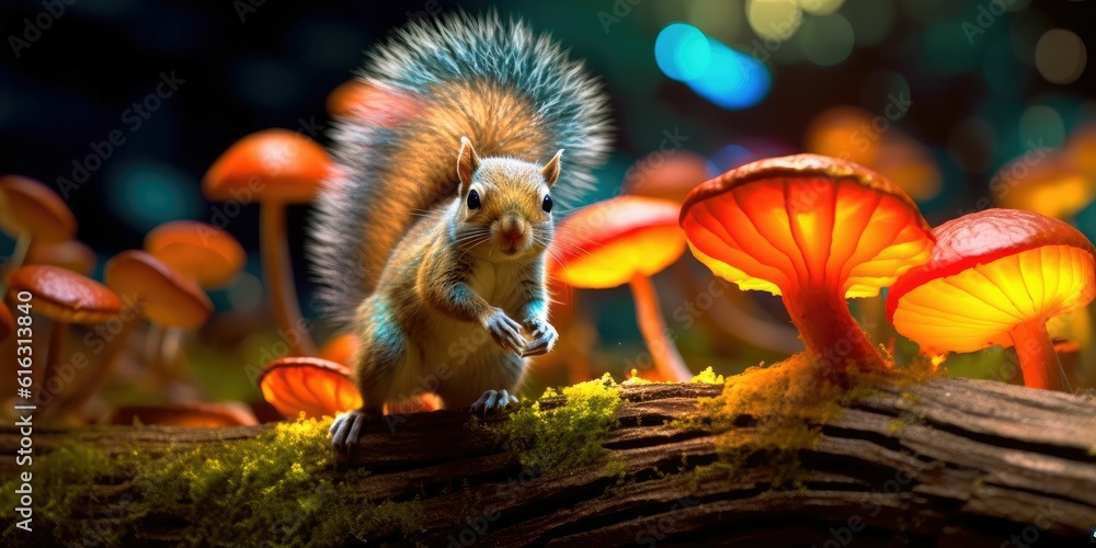 Wall mural squirrel in the mushroom autumn forest