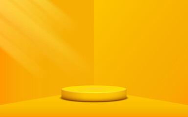 product podium display 3d Empty Cylinder circle in yellow color room corner background