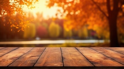 Naklejka na ściany i meble empty wooden table blurred autumn landscape