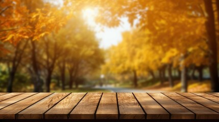 Naklejka na ściany i meble empty wooden table blurred autumn landscape