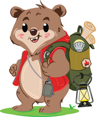 Cute camping bear isolated with backpack