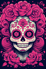 La Catrina dia de muertos Skull. Bemalter Schädel in pink weiß. Tag der Toten in Mexico. Hochkant. Hochformat. Generative Ai.