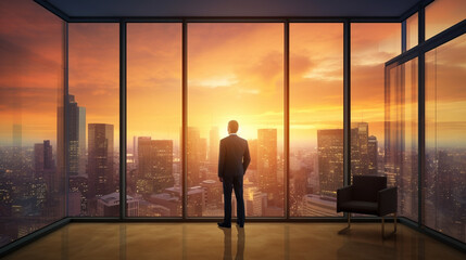 Fototapeta na wymiar Business man standing in the office looking out of the window at sunset sky. AI Generative.