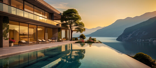 An ultra luxury home with a beautiful sunset view of Lake Como in Italy. Modern architecture with a large pool for a summer getaway vacation for relaxation