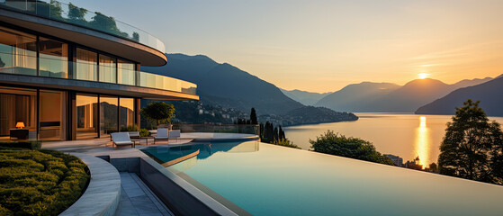 An luxury home with a beautiful sunset view of Lake Como in Italy. Modern architecture with a pool for a summer getaway vacation in paradise 