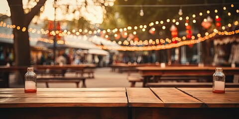 empty wooden , marmer table blurred festival, balloons background