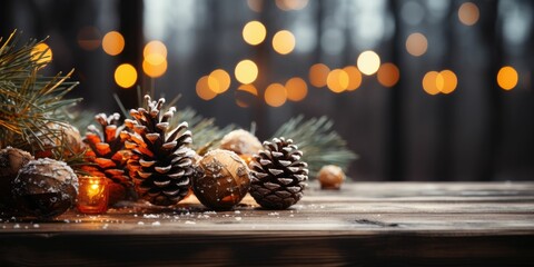 wooden table blurred poinsettia, foliage, pine cone ,winter background