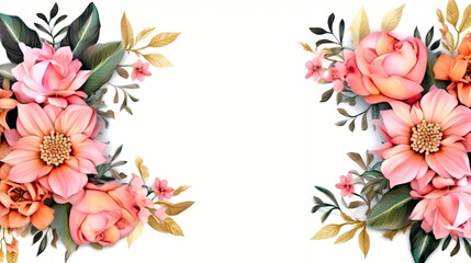 Delicate Florist Pink Flowers and Roses Border on White Paper Background with Leafs, ai generative