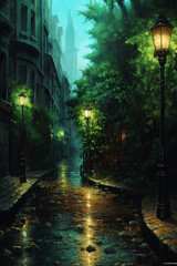 Fototapeta premium Capture the droplets of rain cascading down vibrant green leaves, reflecting the soft glow of a streetlamp. AI generative