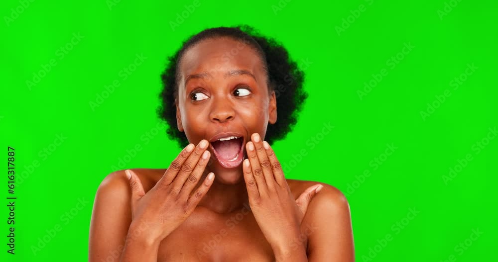 Wall mural Green screen beauty, happy face and black woman surprise with cosmetics foundation, wellness notification or skincare. Chroma key makeup, wow facial skincare and shocked person on studio background