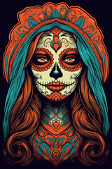 La Catrina dia de muertos Figur mit Maske / Make-up. Tag der Toten in Mexico. Hochkant. Hochformat. Generative Ai.
