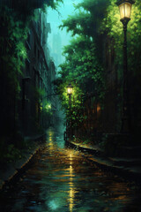 Capture the droplets of rain cascading down vibrant green leaves, reflecting the soft glow of a streetlamp. AI generative