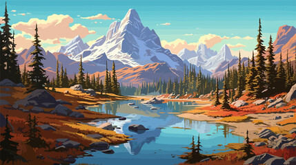 Beautiful landscape. Small river. Mountains on the horizon. Green meadow. Forest. Clear sky. Bright warm colors. The beauty of the nature. Landscape work of art. Vector illustration design.