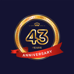 43 year anniversary logo with gold ring and red ribbon, vector template