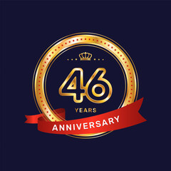 46 year anniversary logo with gold ring and red ribbon, vector template