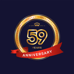 59 year anniversary logo with gold ring and red ribbon, vector template