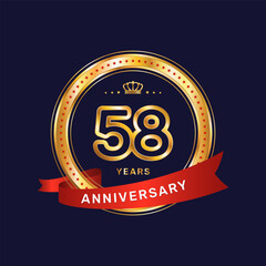 58 year anniversary logo with gold ring and red ribbon, vector template