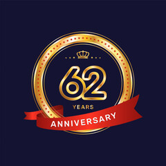 62 year anniversary logo with gold ring and red ribbon, vector template