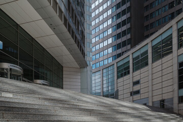 Outdoor exterior view at staircase in front of Commerzbank in Frankfurt, Germany. 