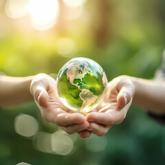 Green energy planet in hands