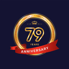 79 year anniversary logo with gold ring and red ribbon, vector template