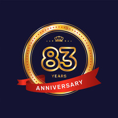 83 year anniversary logo with gold ring and red ribbon, vector template