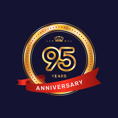 95 year anniversary logo with gold ring and red ribbon, vector template