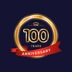 100 year anniversary logo with gold ring and red ribbon, vector template