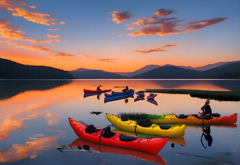 Picturesque sunset over a serene lake, with colorful kayaks scattered along the shore