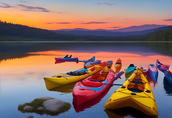Picturesque sunset over a serene lake, with colorful kayaks scattered along the shore