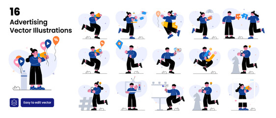 Advertising concept illustration. Set of people vector illustrations in various activities of advertising, seo,promotion, strategy, marketing, campaign