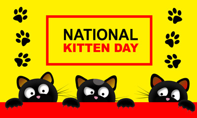 illustration of 3 black cats playing and hiding and cat footprints and bold text commemorating National Kitten Day
