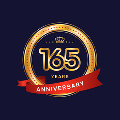 165 year anniversary logo with gold ring and red ribbon, vector template