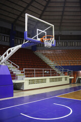 basketball hall with empty stands, basketball court, basketball stadium. 