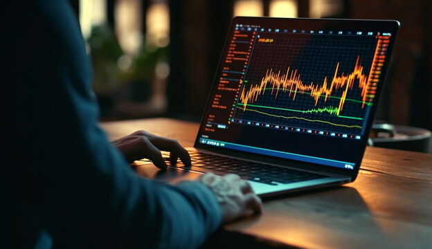 A photo of a professional trader diligently monitoring chart movements through a laptop, displaying focus and expertise. Generative Ai.