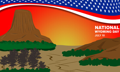 Illustration of Devils Tower national monument in northeast Wyoming, United States with Ribbon Fame background with America pattern. commemorate National Wyoming Day
