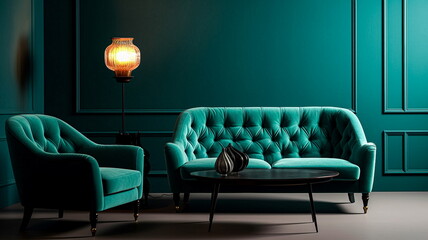 Luxury green living room interior with blue sofa and armchairs. 3d render. AI generated