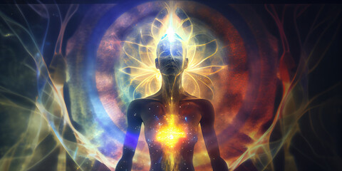 Conceptual image of the energy flows and the aura or soul of a person. Generative AI