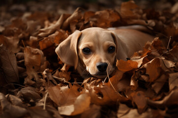 Generative AI.
a cute dog hiding in a pile of dry leaves
