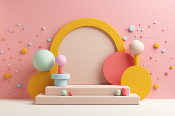 Arch stage display kids or baby cute sweet podium pink pastel playground wall decoration backdrop. Performances shows festival fun child room. cosmetic, beauty, toy products kid. 3D Illustration.