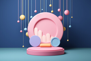 Circle backdrop display podium kids or baby cute sweet pink pastel playground paint drops colorful. Performances shows festival fun child room. cosmetic, beauty, toy products kid. 3D Illustration.