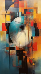 Abstract illustration in the style of dark orange and light aquamarine, vibrant worlds, dynamic geometry, birds-eye-view, contrasting lights and darks, textured canvases