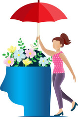Positive thinking and mental health. Woman hold umbrella to protect flowers in human brain to maintain positive thoughts.