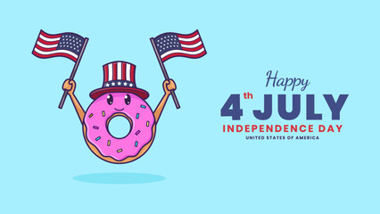 Happy Fourth of July United States Of America Independence Day Background Design with Cute Donuts holding the flag. Suitable to place on content with that theme. Vector file every object is separated