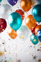 fliegende bunte Party Ballons in vielen verschiedenen Farben mit Konfetti. Generative Ai. - obrazy, fototapety, plakaty