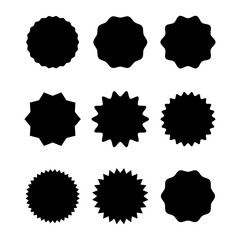 Set of vector black wavy grunge stickers with uneven rough edges icon, Blank circle templates with place for text for the design of banners on white..eps