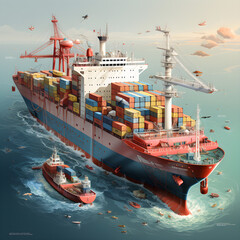 intricately detailed 2D isometric illustration showcasing ten cargo ships, individual containers labeled and color-coded. AI Generated, Generative AI